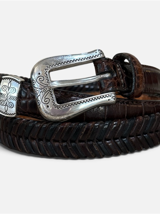 Brighton Accessories - Brighton Brown Croc Embossed Braided Leather Belt L 38 Silver Buckle 1in